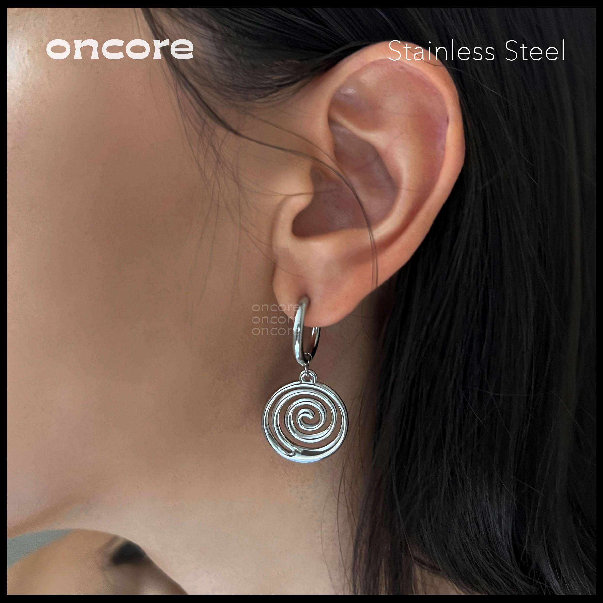 Oncore | Silver Stainless Steel Spiral Earrings - Helix Model, Waterproof and Sweat-Proof (Nickel-Safe) ราคา 472 บาท*ส่งฟรี