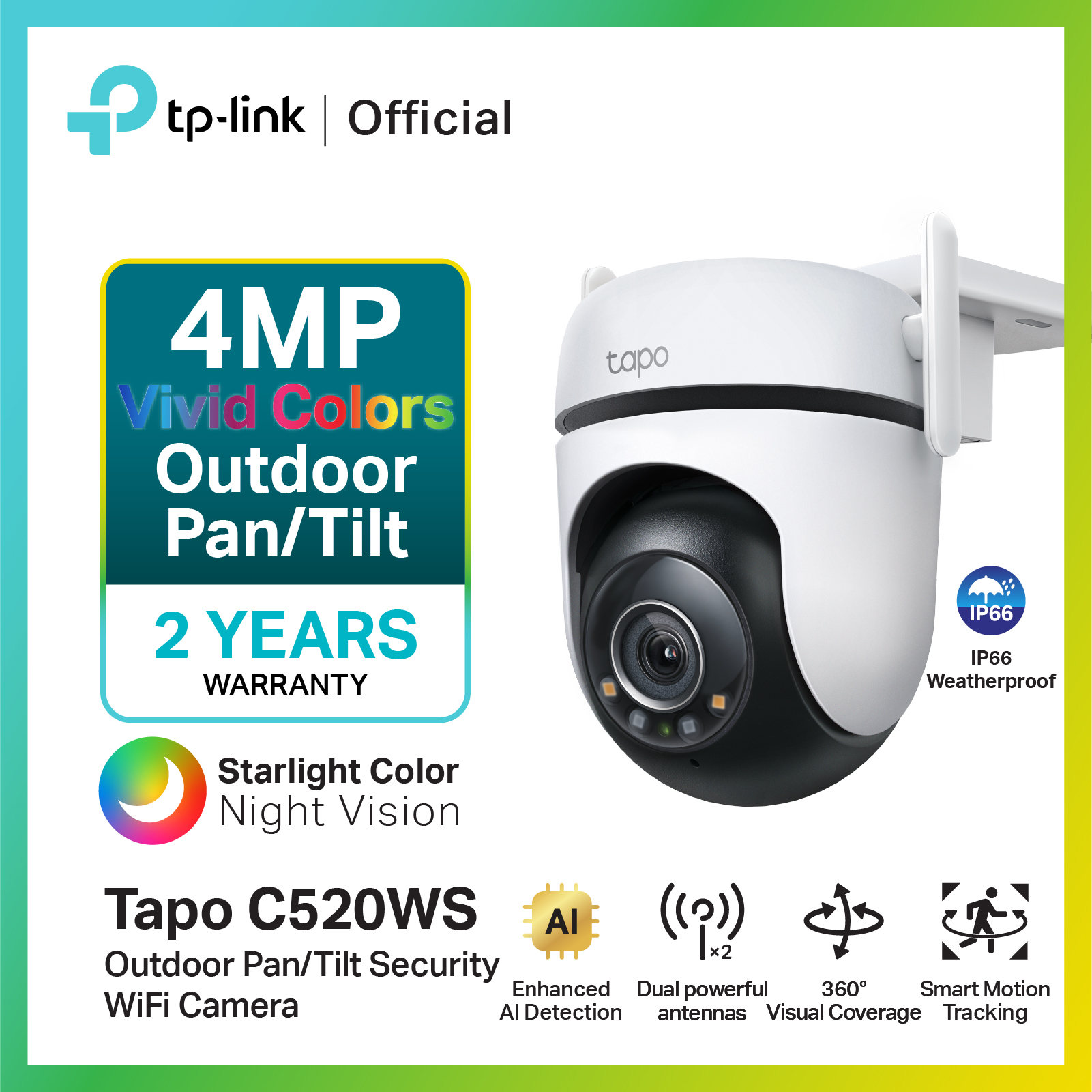 TP-Link Tapo C520WS Outdoor Pan/Tilt Security Wi-Fi Camera คมชัด 4MP 2K+ QHD ภาพสีตอนกลางคืน Starlight Color Night Vision รูรับแสงขนาดใหญ่กันน้ำกันฝุ่น IP66 ราคา 1,690 บาท*ส่งฟรี
