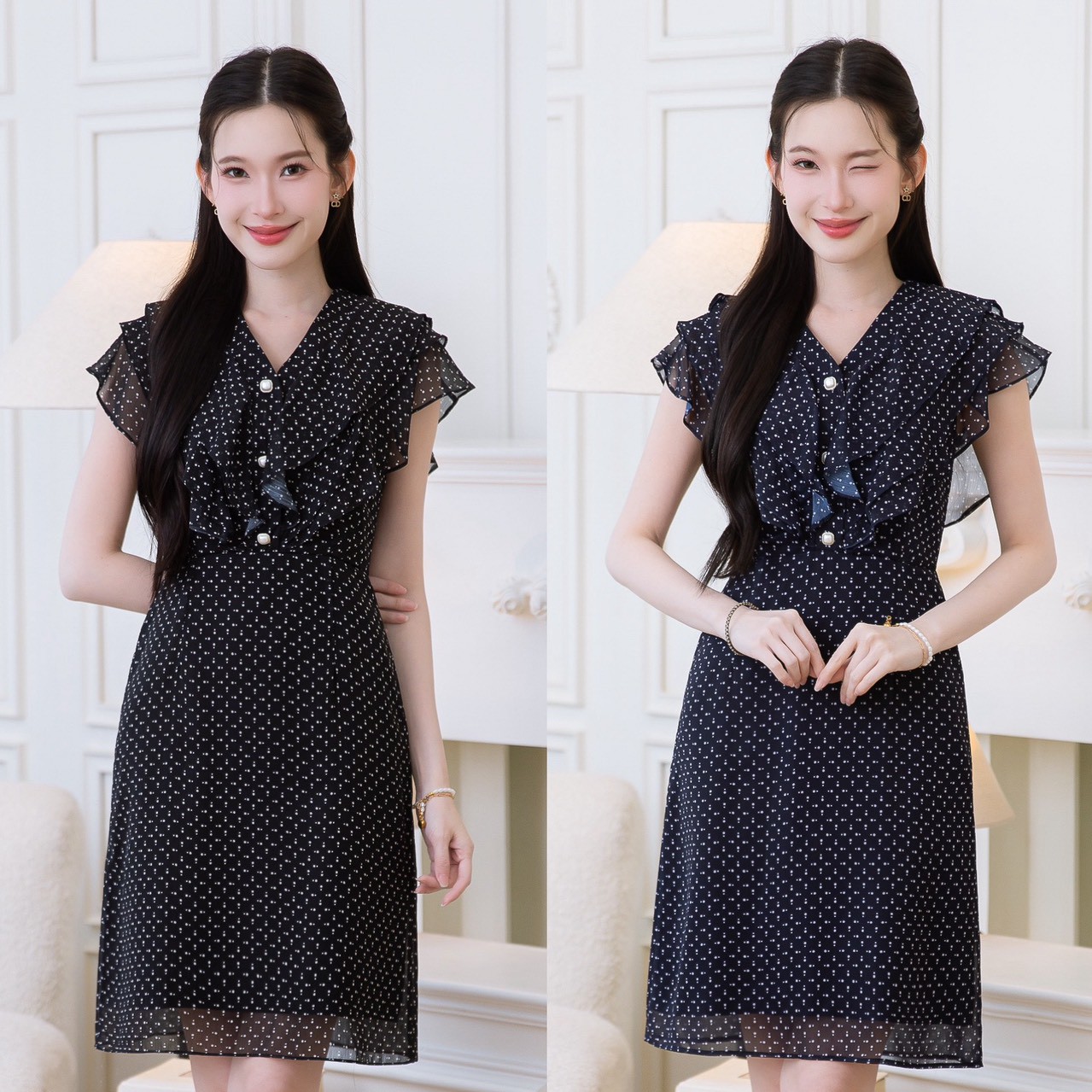 The Small Pin Dot Patterned Chiffon Dress Is Spread Across a Solid Color Fabric. It Gives a Look That Is Classic, Sweet, and Youthful. It Matches Well with the V-Neckline and Layered Ruffles. Three Layers on Both the Front and Back. It's Beautiful and Flo ราคา 660 บาท*ส่งฟรี