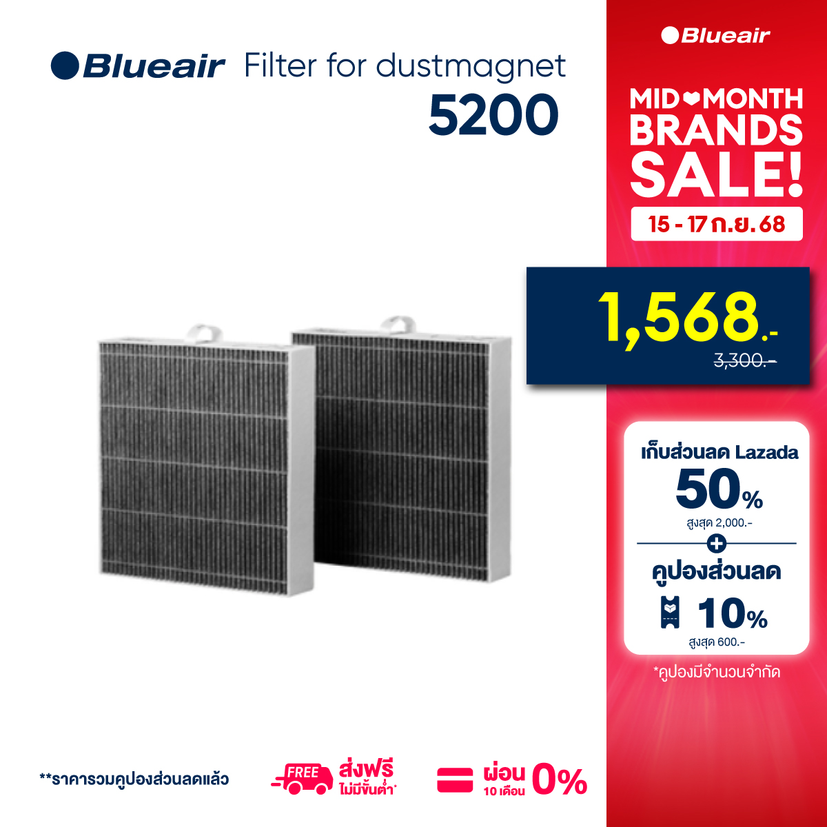 Blueair ไส้กรองอากาศ แผ่นกรองอากาศ รุ่น DustMagnet 5200 ใช้สำหรับรุ่น 5240i ราคา 2,821 บาท*ส่งฟรี
