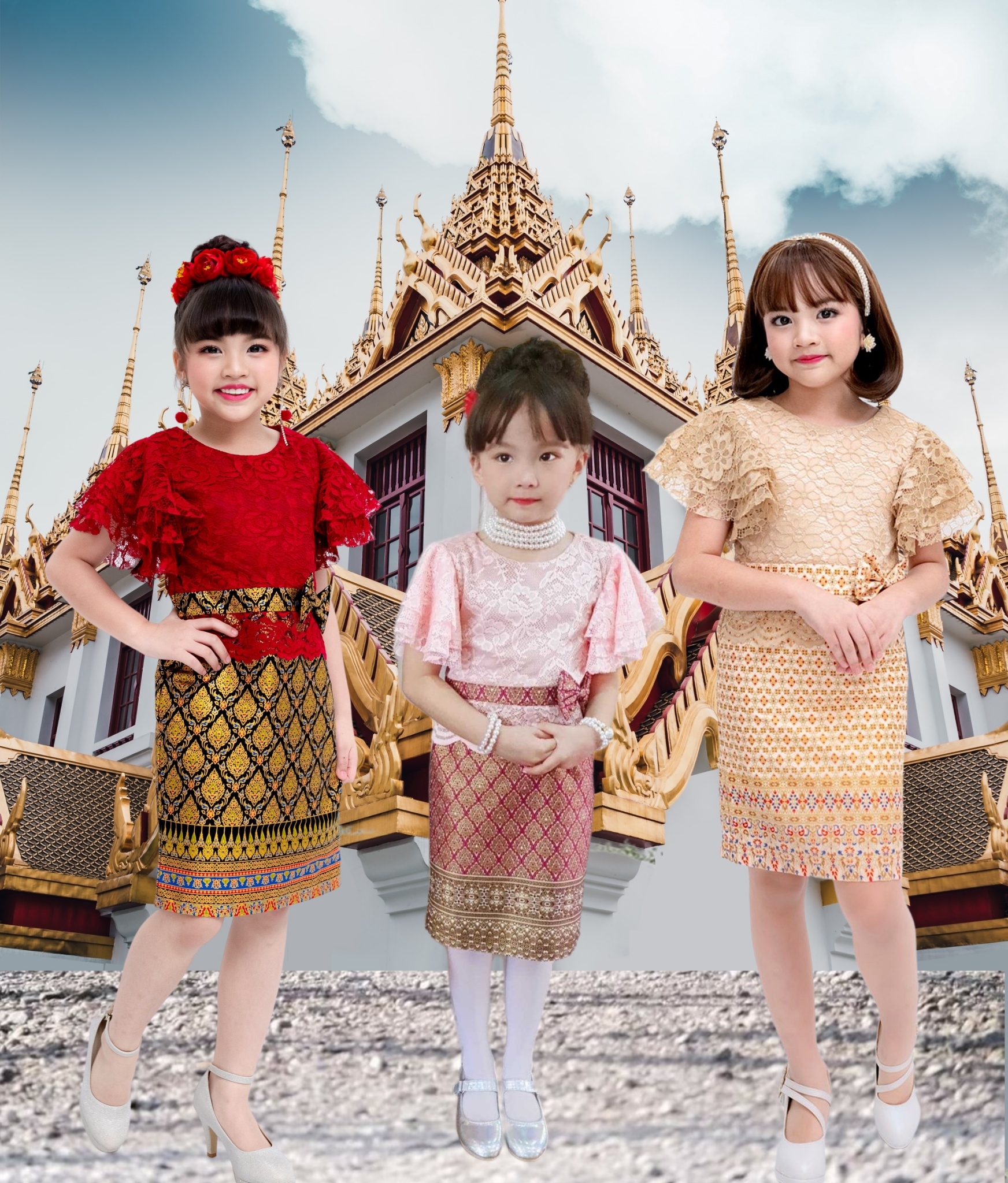 ชุดไทยไปโรงเรียน เด็กหญิง Mae-Yhing Dress เดรสลูกไม้ลายไทย ไทยประยุกต์ ใส่ไปวัด ทำบุญ งานบวช ราคา 690 บาท*ส่งฟรี