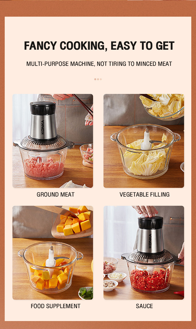 มุมมองเพิ่มเติมของสินค้า KONKA hold electric meat grinder stainless steel multi-fon mince meat small vegetable chopper stir fried garlic grinding machine