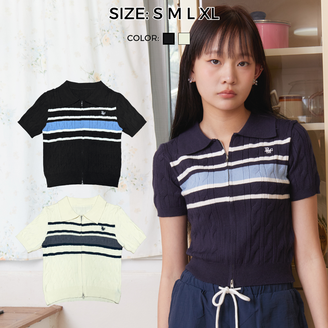 Bemingtop891(S-XL)-STRIPE CHIC ZIPPER เสื้อไหมพรมแขนสั้นซิป ดีไซน์คอปกสุดชิค ลายริ้วเพิ่มความโดดเด่น เนื้อผ้าถักดีเทลสุดคลาสสิก ใส่แล้วดูดีแบบ effortless ราคา 386 บาท*ส่งฟรี