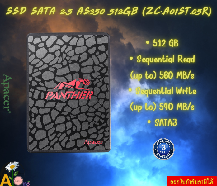 Apacer SSD SATA 2.5 AS350 512GB (ZC.A01ST.05R) SATA III Read (up to) 560 MB/s Write (up to) 540 MB/s รับประกัน3ปี ราคา 1,785 บาท*ส่งฟรี