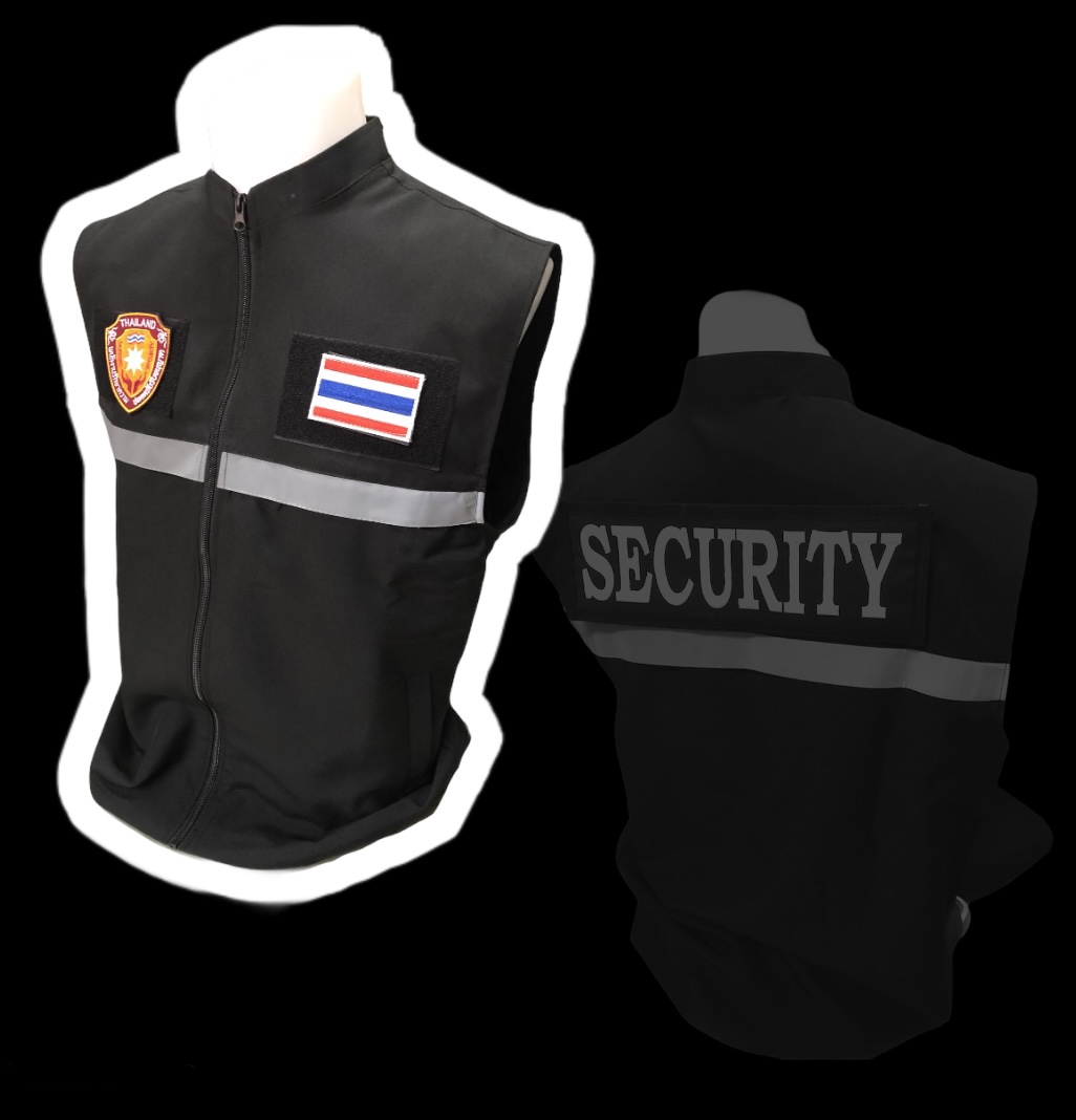 เสื้อกั๊กสูทสีดำติดแถบสะท้อนแสง รุ่นกระเป๋าลับ ( ตีนตุ๊กแก หน้า-หลัง) พร้อมเครื่องหมาย หน่วยรักษาความปลอดภัย