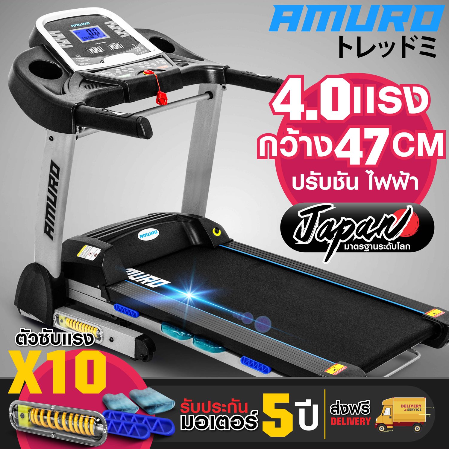 AMURO ลู่วิ่งไฟฟ้า มอเตอร์ 4.0 แรงม้า ปรับชันไฟฟ้า ที่ซับแรงกระแทก 10 จุด พับเก็บได้ รุ่น T900