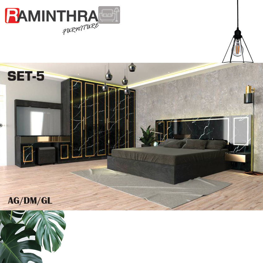Raminthra Furniture ชุดห้องนอน 5ฟุต รุ่น Jessica A บานทึบ ( เตียง 5ฟุต +ตู้หัวเตียง 2ข้าง+โต๊ะแป้ง 120 ซม.+ตู้เสื้อผ้า 2.40ม. +ที่นอนสปริง ) Bedroom Set สี AG/DM/GL ราคา 33,900 บาท*ส่งฟรี