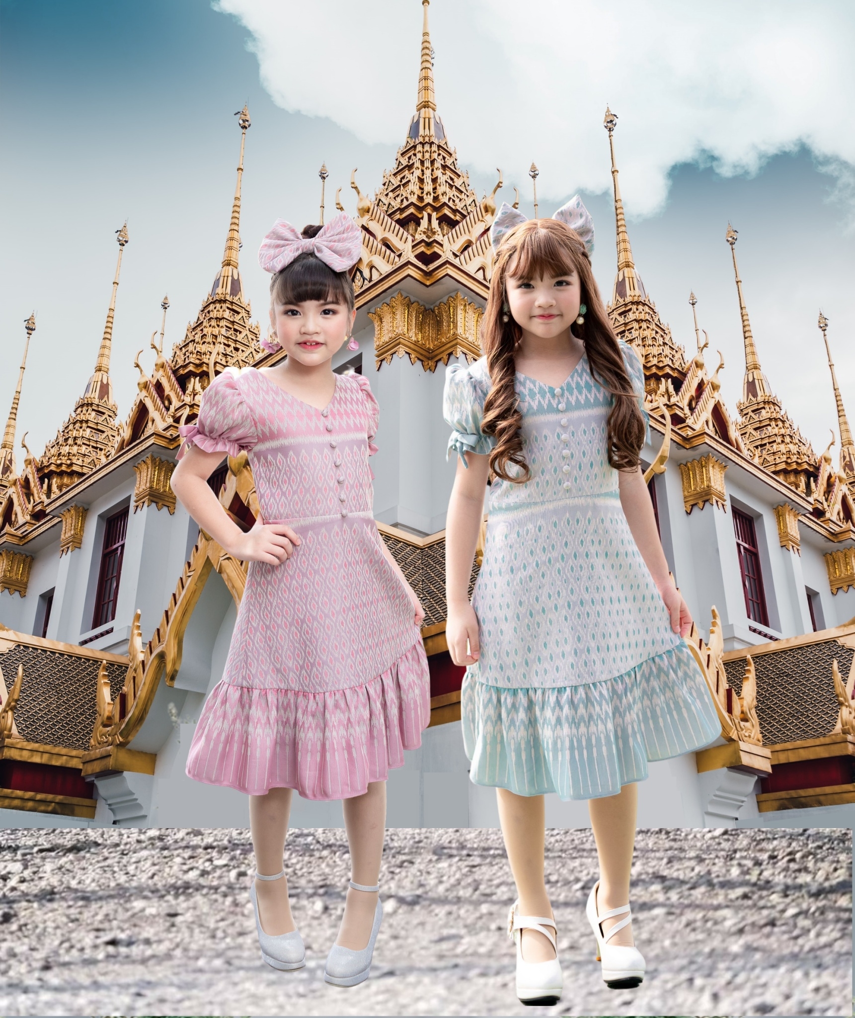 ชุดไทยไปโรงเรียน เด็กหญิง Mudmee เดรส ผ้าทอลายคราม ลายไทย แขนตุ๊กตา ไทยประยุกต์ ใส่ไปวัด ทำบุญ งานบวช ราคา 990 บาท*ส่งฟรี