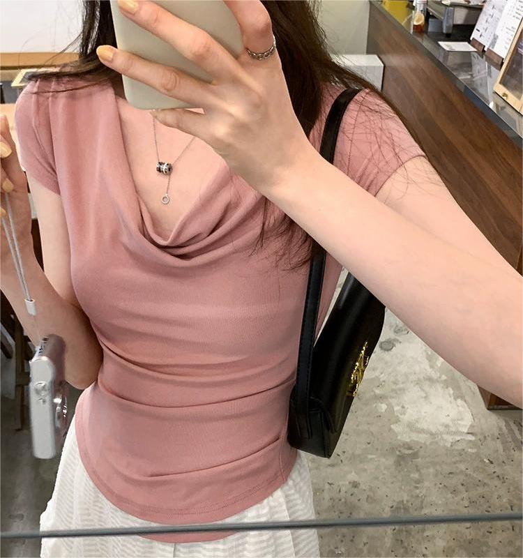 เสื้อยืดแขนสั้น ปาดไหล่ เสื้อเปิดไหล่  5สี4ไซส์ เสื้อครอปสำหลัผู้หญิง สไตล์เกาหลี No.388