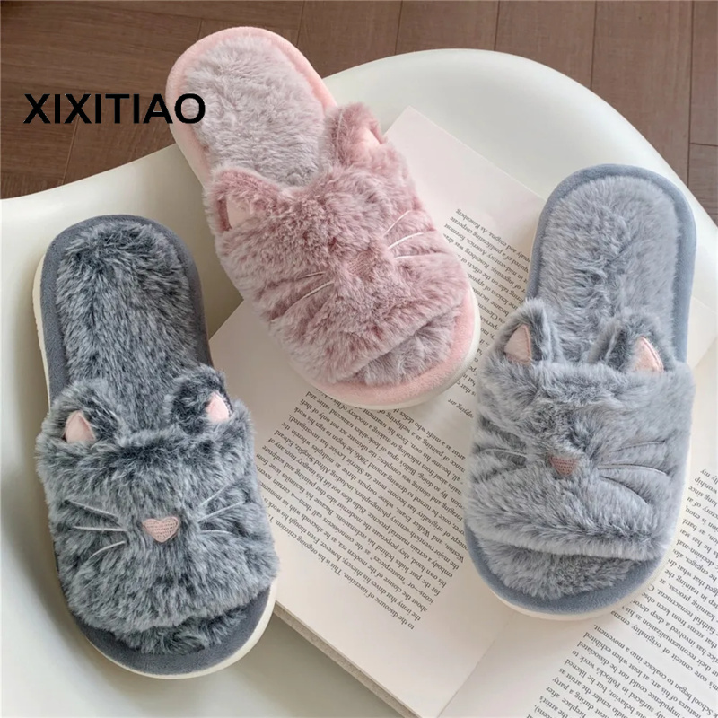 Women's Autumn Winter Cartoon Cute Thermal Soft Soled Kitten Slippers