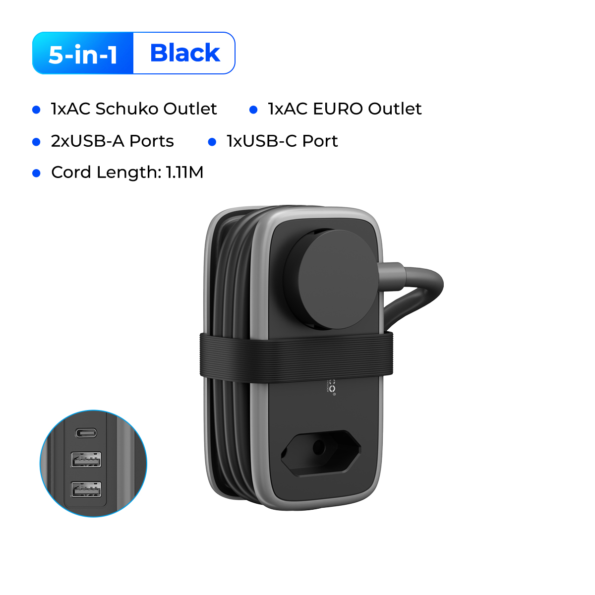 ORICO USB C Ổ Cắm Điện Dài Du Lịch Xách Tay Ổ Cắm Điện Có Dây Với 2 Cửa Hàng 3 Cổng USB (1 USB C) US