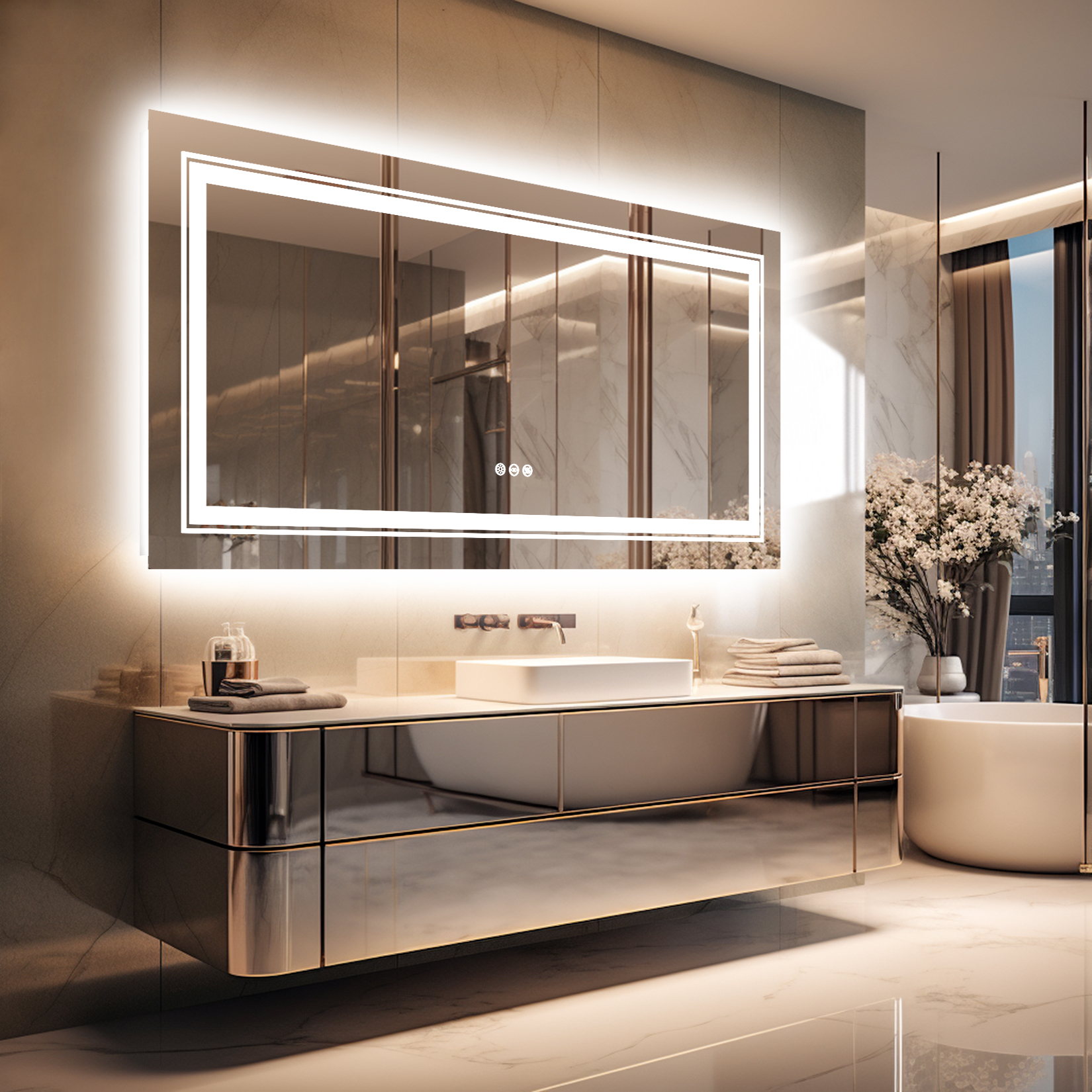 กระจกห้องน้ำ ติดผนัง รูปสี่เหลี่ยมผืนผ้า Extra Large Bathroom Mirror LED Front Lighted Backlit Bathroom Mirror Rectangle Dimmable 3 Colors Smart Anti-Fog Mirrors with Light Memory - IP65 CRI95 ราคา 5,500 บาท*ส่งฟรี