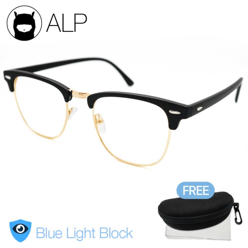 ALP Blue Light Block Eyeglasses แว่นกรองแสงสีฟ้า กันรังสี UV, UVA, UVB แว่นเลนส์ใส กรอบแว่นตา Clubmaster Style รุ่น ALP-E024-BKT-GD-UV (Black/Clear)