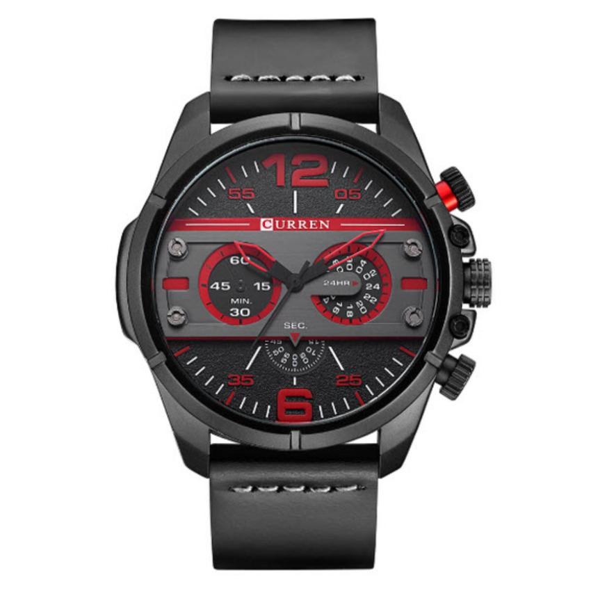 Curren นาฬิกาข้อมือผู้ชาย สายหนังสีดำ หน้าปัดสีดำ/แดง รุ่น C8259