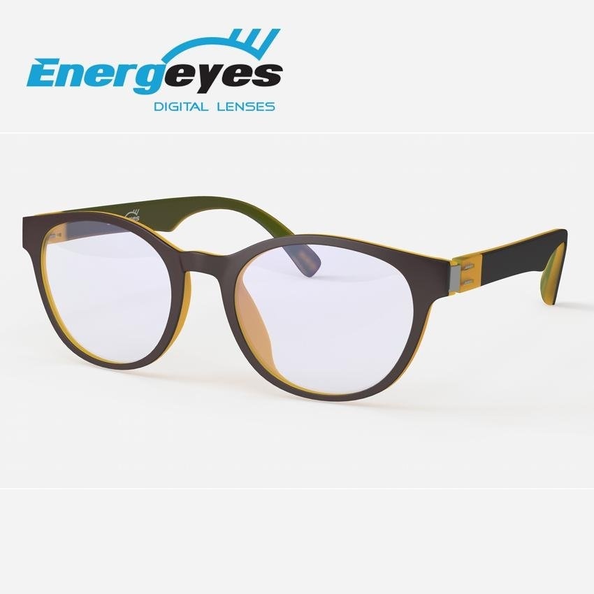 ENERGEYES แว่นกรองแสงป้องกันการเมื่อยล้าของดวงตา ถนอมสายตาและลดแสงสีน้ำเงินลง 50% กรอบทรงรีสำหรับผู้ใหญ่ ด้านหน้าสีน้ำตาลเข้ม ด้านหลังสีเหลืองเมเปิล