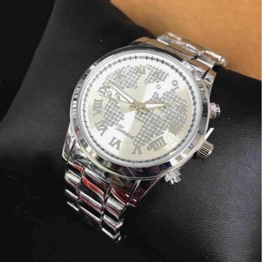 Geneva นาฬิกาข้อมือผู้หญิง ลายแผนที่คริสตัล รุ่น WP8528 (Siver) แถมซองนาฬิกาสุดหรู