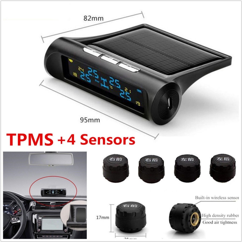 Jingle Car SOLAR แรงดันยาง TMPS จอแสดงผล LCD เครื่องวัดความดันลมยางไร้สาย + 4 เซ็นเซอร์