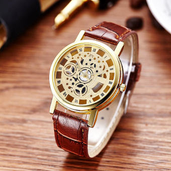 2561 KATI watchนาฬิกาข้อมืออนาล็อกสายหนัง หน้าปัดเปลือยวินเทจ ตัวเลขโรมัน นาฬิกาแฟชั่นผู้ชายWatch00097-brownสีน้ำตาล