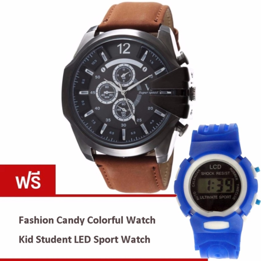 MEGA Luxury Quartz Waterproof Leather Watchband Outdoor Fashion Sport Watch หรูหรานาฬิกาข้อมือ สายหนัง กันน้ำ รุ่น MG0018 (Black/Dark Brown) (ฟรี Fashion Candy Colorful Kid Student Sport LED Watch)