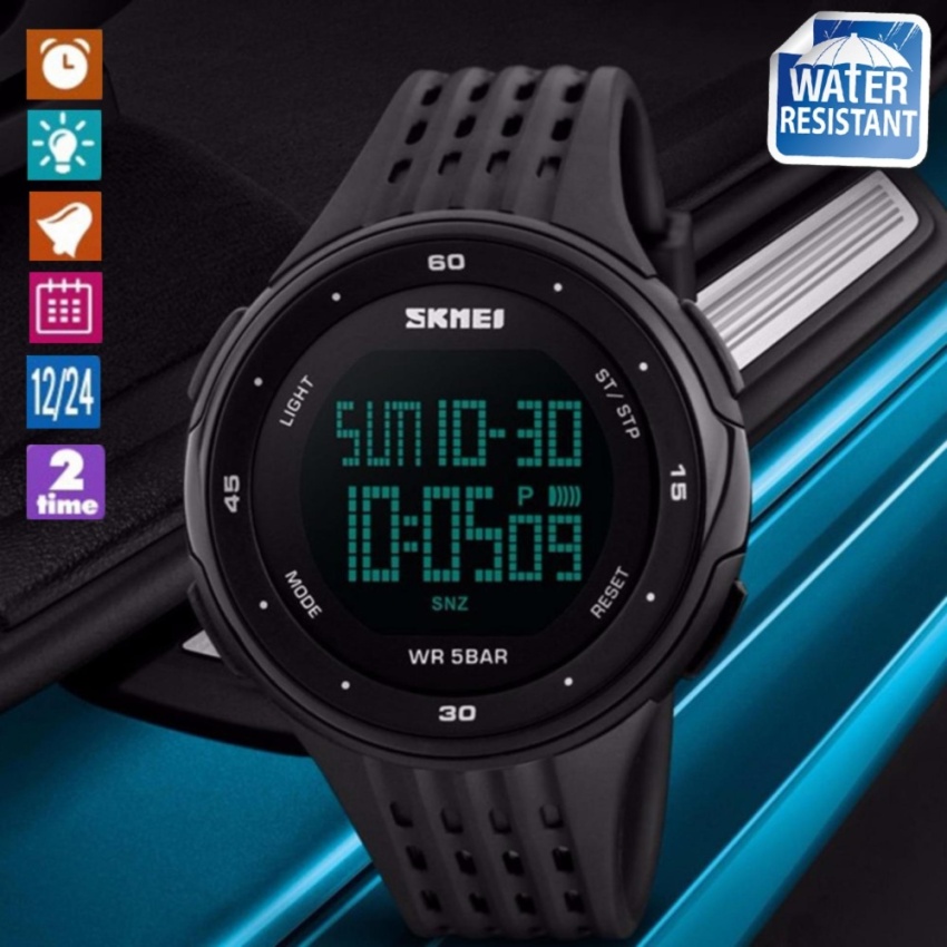 SKMEI นาฬิกาข้อมือผู้ชาย สไตล์ Sport Digital Watch บอกวันที่ ตั้งปลุก จับเวลา ตัวเลข LED ใหญ่ ชัดเจน กันน้ำ สายเรซิ่นสีดำ รุ่น SK-M1219 สีดำ (Black)