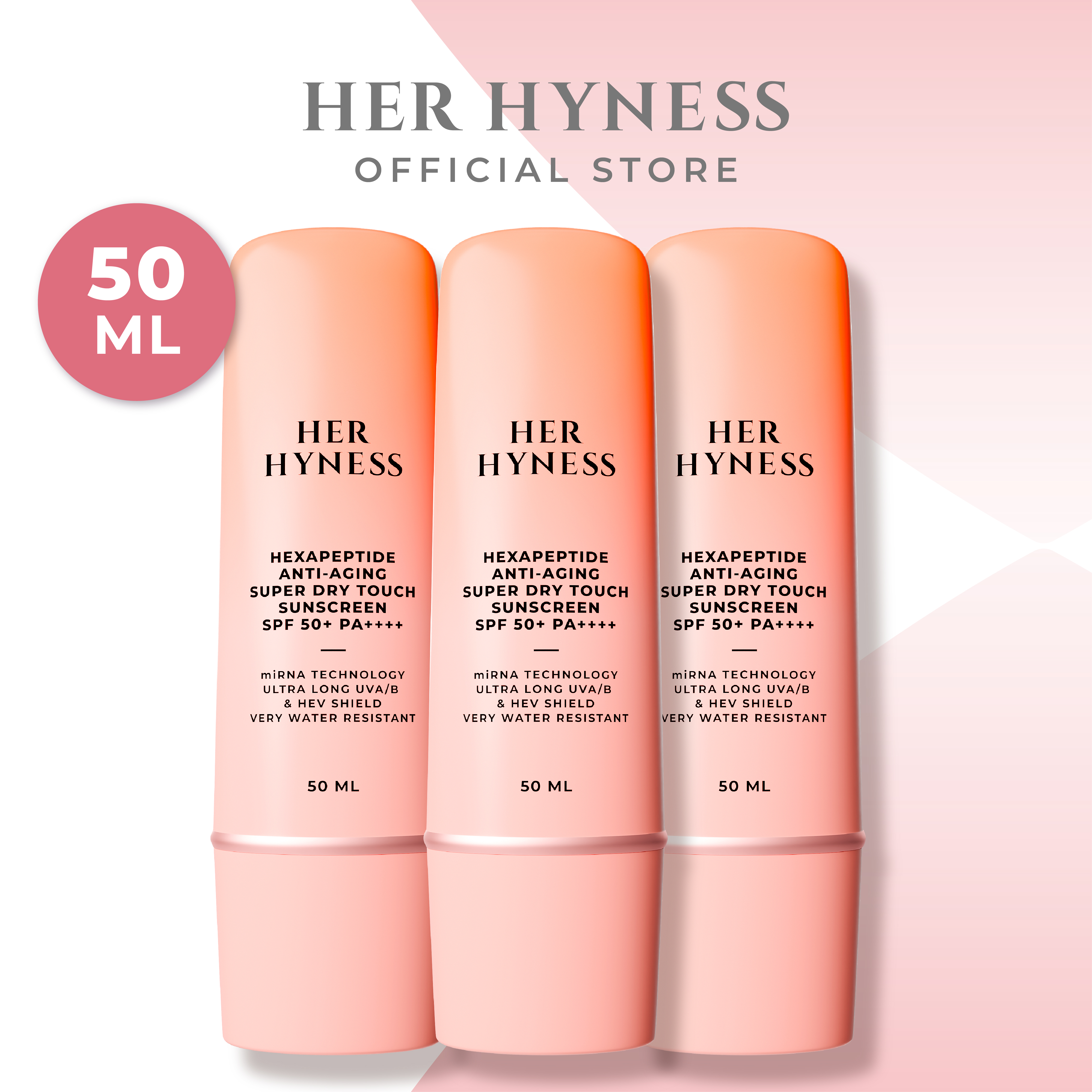 [แพคสาม] HER HYNESS HEXAPEPTIDE ANTI-AGING SUPER DRY TOUCH SUNSCREEN SPF50+ PA++++ กันแดดสูตรสปอร์ตกันน้ำ กันเหงื่อ ไม่แสบตา 50มล. ราคา 3,570 บาท*ส่งฟรี