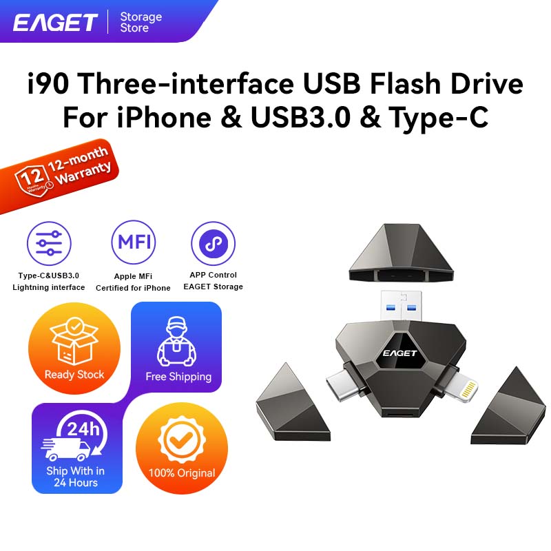 Eaget I90 Otg 3-in-1 Flash Drive, Mfi Certified by Eaget, Apple Usb3.0, Zinc Alloy Metal, Lightning Type-C Usb-A Port, Maximum Speed 120Mb/S, Has an App for One-Click Image Backup, Supports iPhone 15, Ipad, Android Mobile Phones, Laptops, Capacity 64Gb 12 ราคา 1,542 บาท*ส่งฟรี