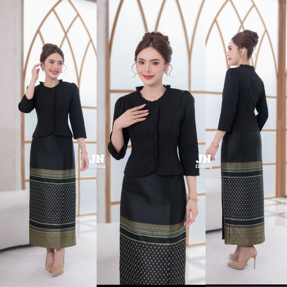 ชุดผ้าไทย เสื้อเชิ้ตผ้าไหมลายไทย ดีไซน์สวยงามด้วยปกคอระบาย และผ้าสำหรับทำกระเป๋าสาน ลวดลายดูคลาสสิกมาก