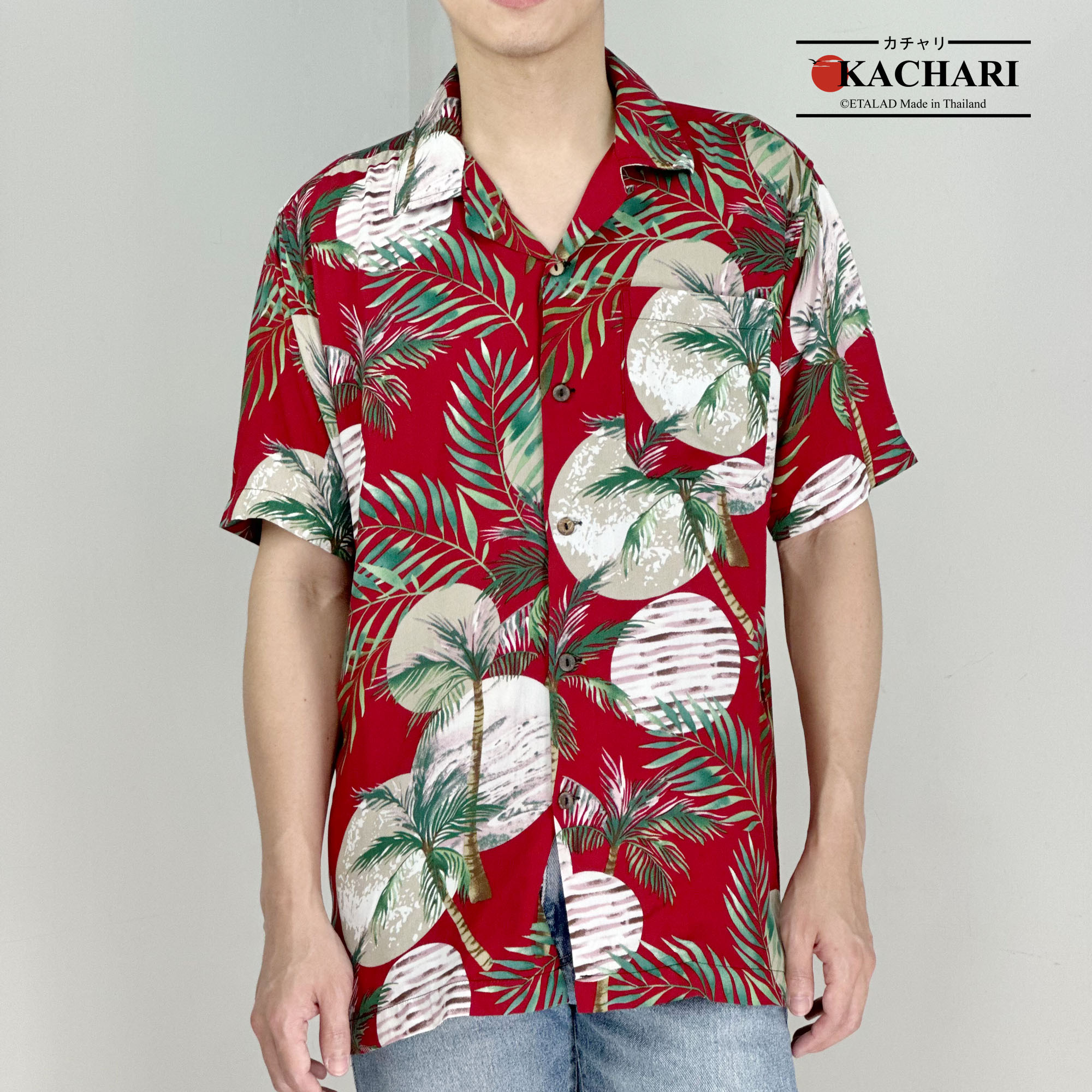KACHARI “Moon and Coconut” (สีแดง) พร้อมส่งฟรี เสื้อฮาวาย เสื้อสงกรานต์ ผ้าสปัน ราคา 300 บาท*ส่งฟรี
