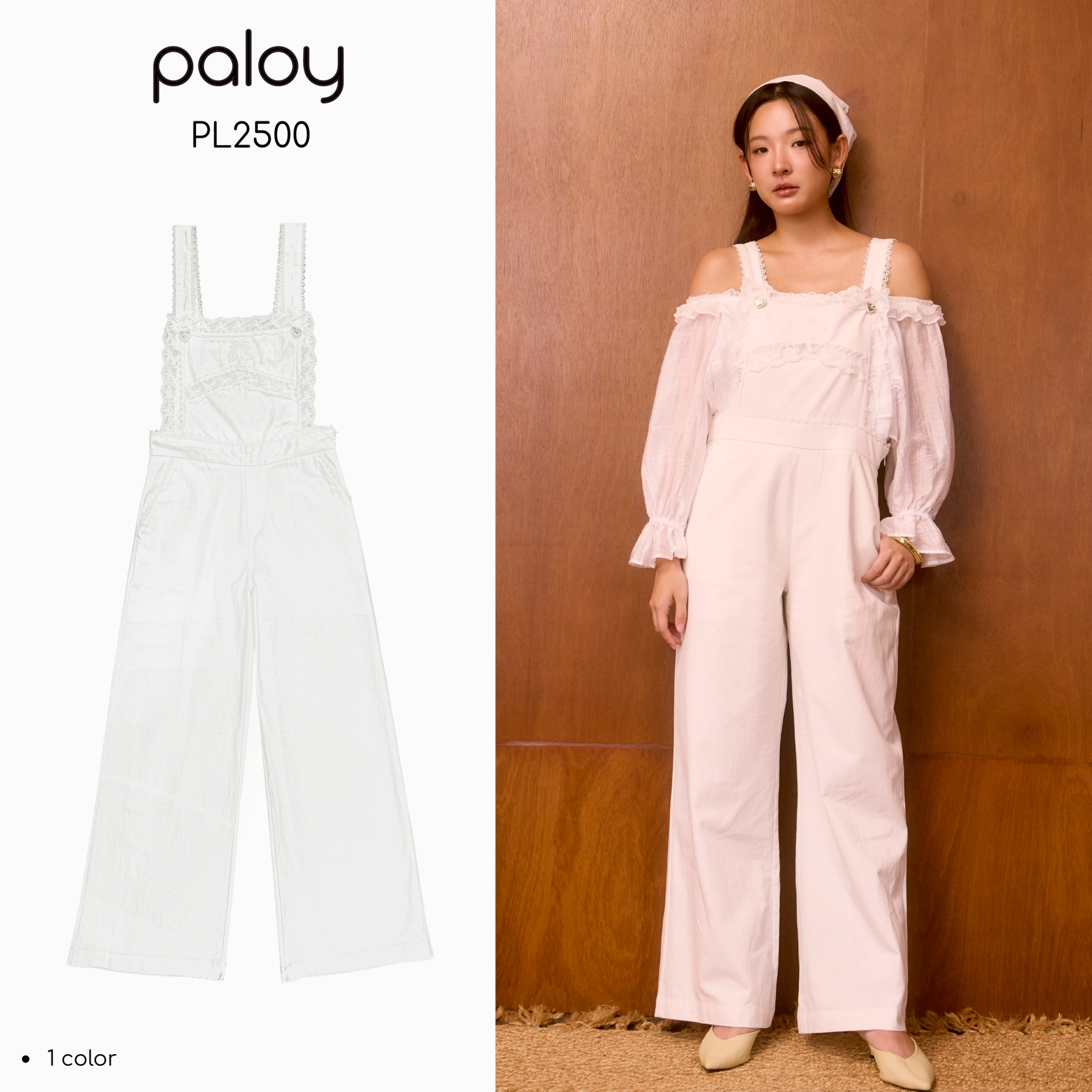 Paloy - Pl2500 Darling Overall, Cotton Overalls Decorated with Lace, Embroidered Bow Pattern, Heart Buttons (Known by Heart) ราคา 890 บาท*ส่งฟรี