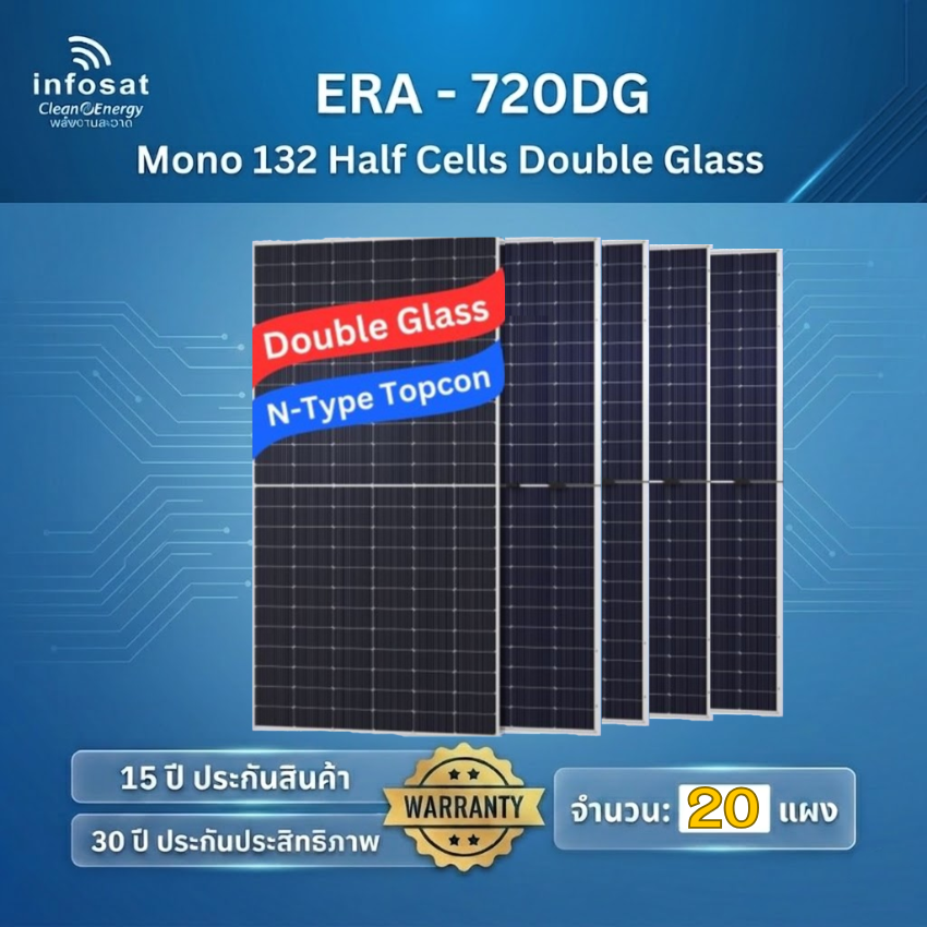 อุปกรณ์แต่งสวนและกลางแจ้ง infosat แผงโซล่าเซลล์ 720W รุ่น Era-720Dg N-Type Topcon กระจกสองชั้น (20 แผง)