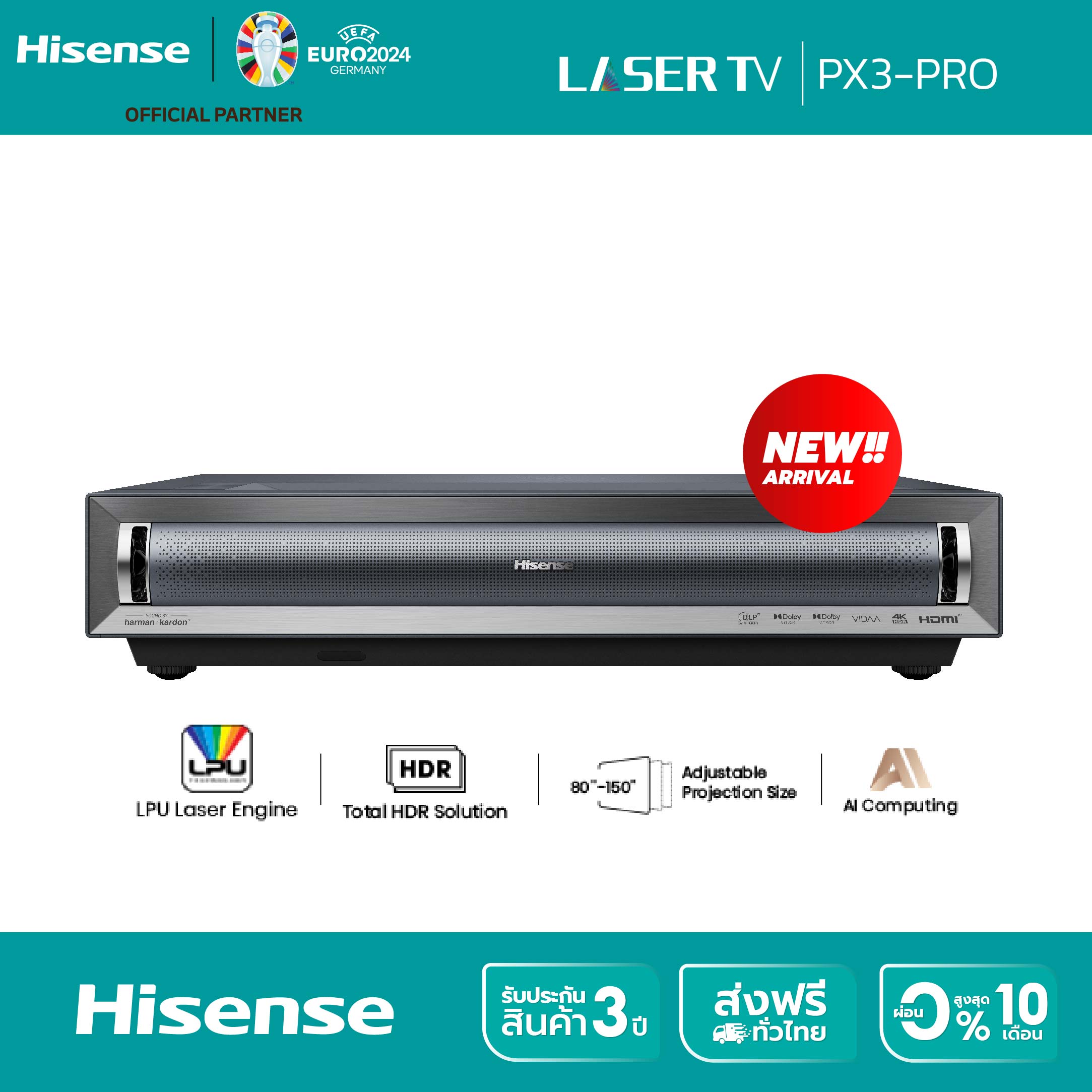 [New2024] Hisense PX3-PRO 4K UHD Smart Laser Cinema UST Ultra Short Throw Projector, 3000 Lumens, VIDAA TV, HDR10&HLG, 40W (Stereo) Dolby Atmos, Harman Kardon Airplay2 , Apple home, Netflix, You tube, Disney+ ราคา 145,450 บาท*ส่งฟรี