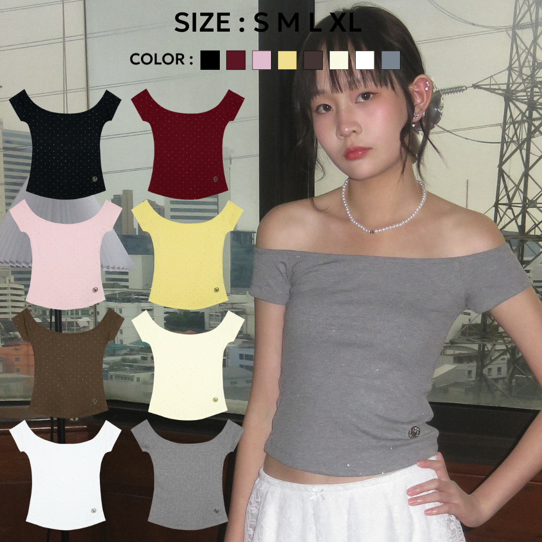 Bemingtop922(S-XL)-Cherry Wink – เสื้อเพชรรอบตัวปาดไหล่เก๋ๆหวานละมุน 🍒 ราคา 282 บาท*ส่งฟรี