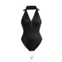 SS2026 BLACK HALTER NECK WITH COLLAR SWIMMING SUIT ชุดว่ายน้ำคล้องคอมีปกสีดำ  มีฟองน้ำในตัวผ้าหนา กัน UV UPF 50+