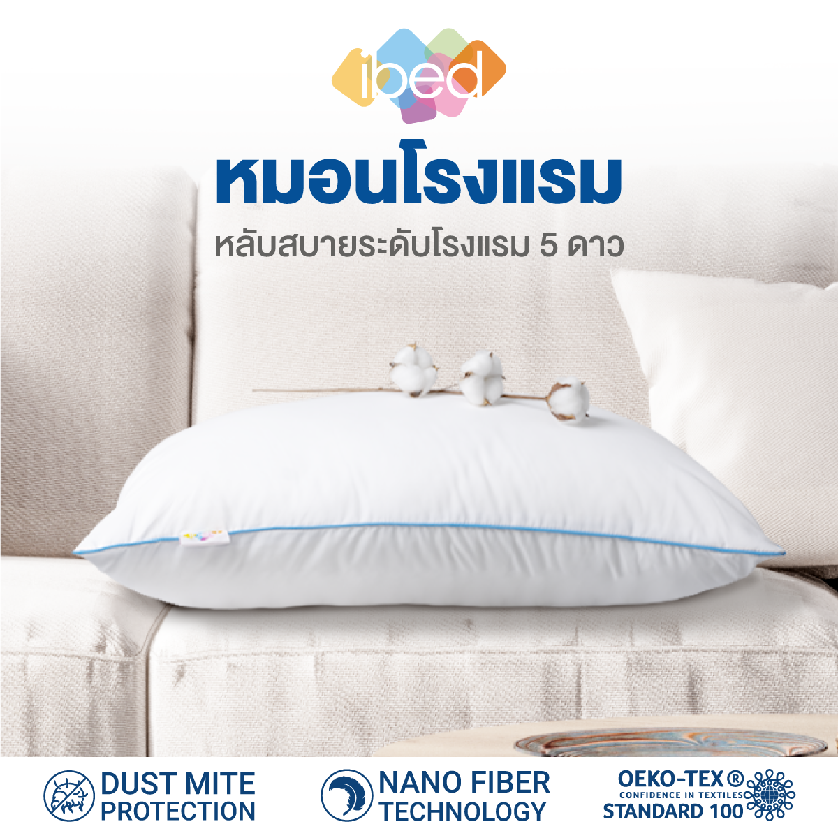 ibed หมอนหนุนโรงแรม Sof-touch สัมผัสนุ่มแบบ 3D รุ่น I และ II ป้องกันไรฝุ่น ซักเครื่องได้ หลับสบายไม่ร้อนหัว (19x29 นิ้ว) ราคา 319 บาท*ส่งฟรี
