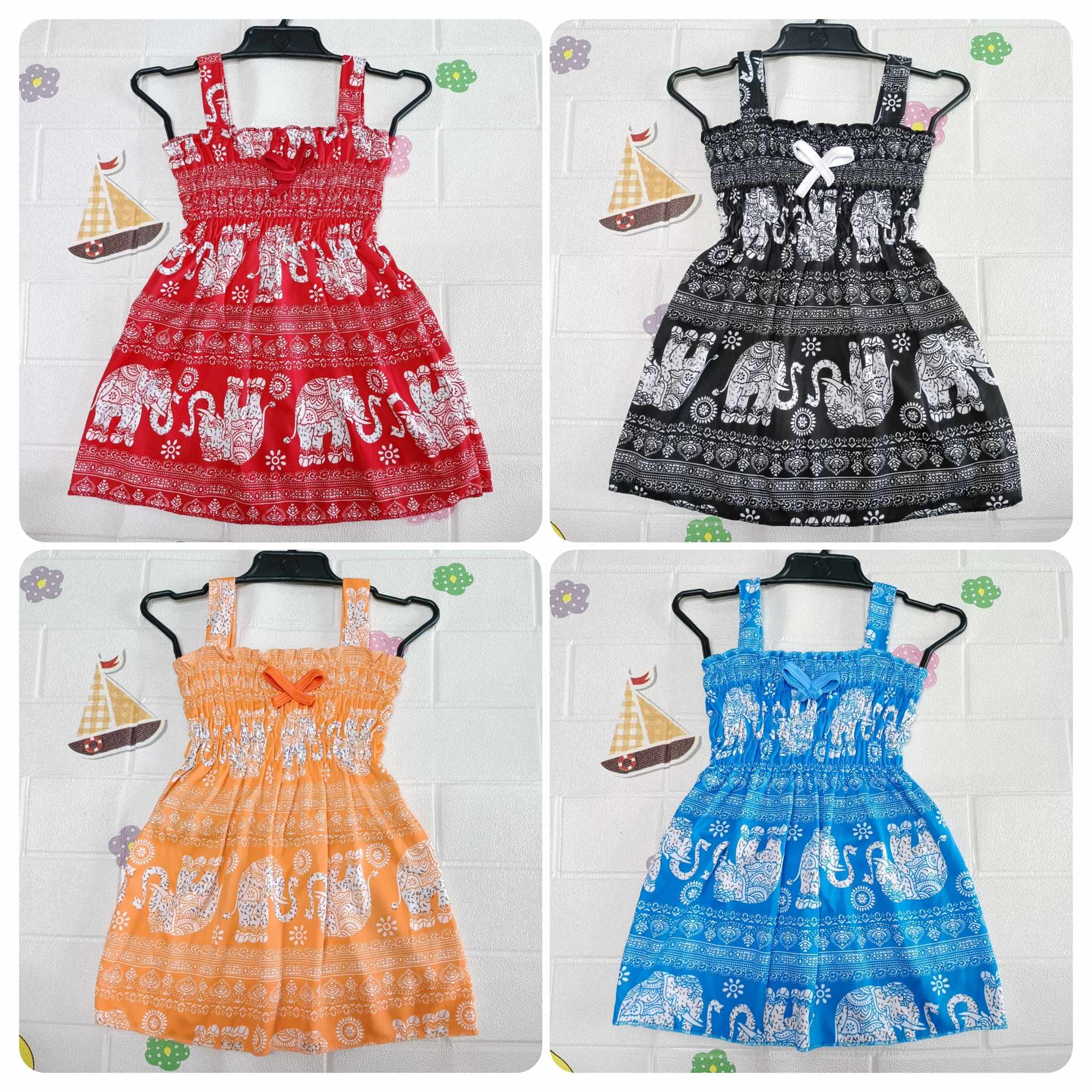ชุดเดรสผ้าเมิมเบิต ผ้าพริ้ว ลายช้าง เด็กผู้หญิง 4 สี 5-10 กิโล สงกรานต์ เที่ยวทะเล ราคา  59 บาท*ส่งฟรี