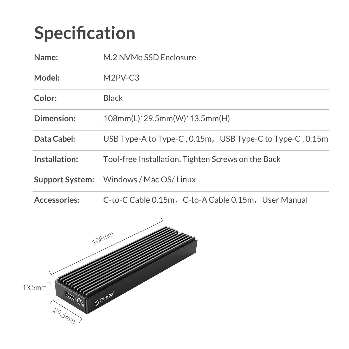 รายละเอียดเพิ่มเติมเกี่ยวกับ （ให้สายข้อมูลฟรี）ORICO M2PV-C3 Type-C M.2 NVME NGFF case SSD Mobile Enclosure อลูมิเนียมอัลลอยด์ USB3.1 5 / 10Gbps External Solid State Drive Box Case nvme enclosure m 2 ssd nvme enclosure