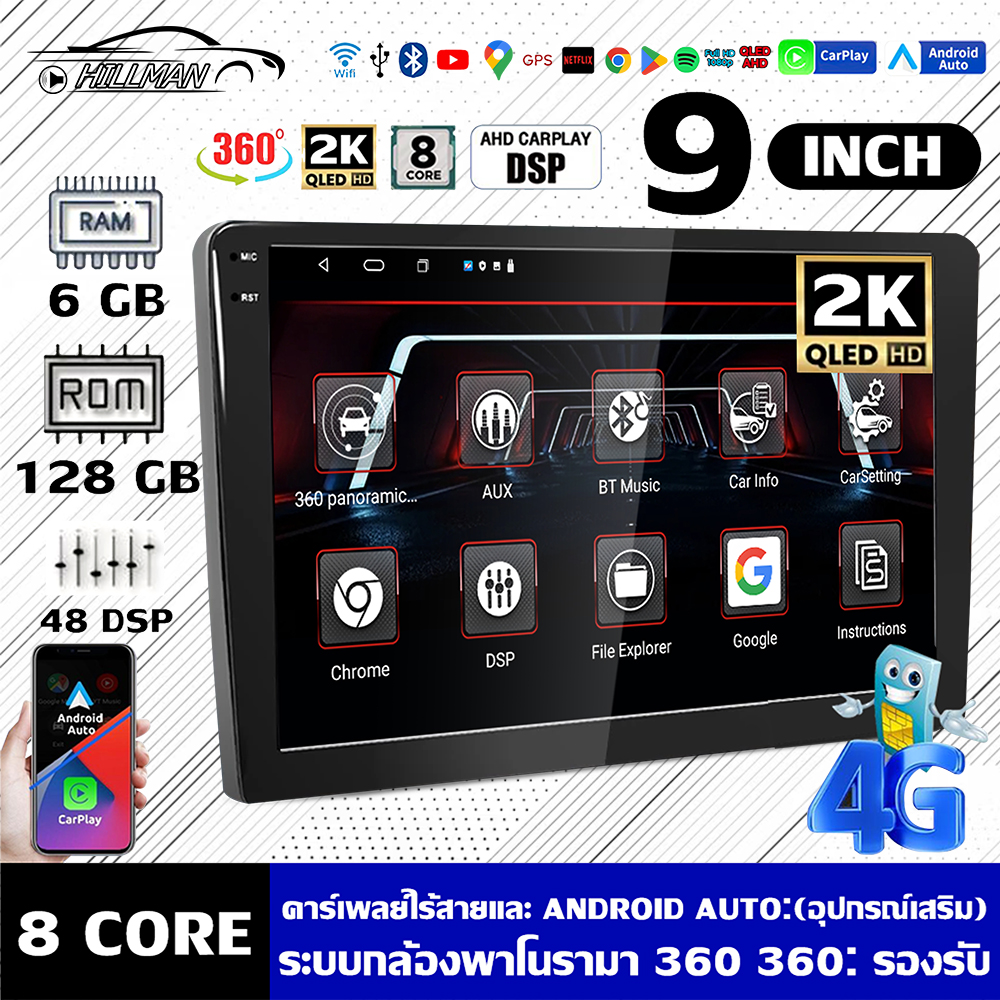 HO จอแอนดรอยแท้ 9นิ้ว 10นิ้ว GPS 8core นำมาSIM รองรับ Apple CarPlay ระบบกล้องพาโนรามา 360 2K HDแบ่งจอได้ ดูYouTube Netflix Bluetooth ราคา 4,999 บาท*ส่งฟรี