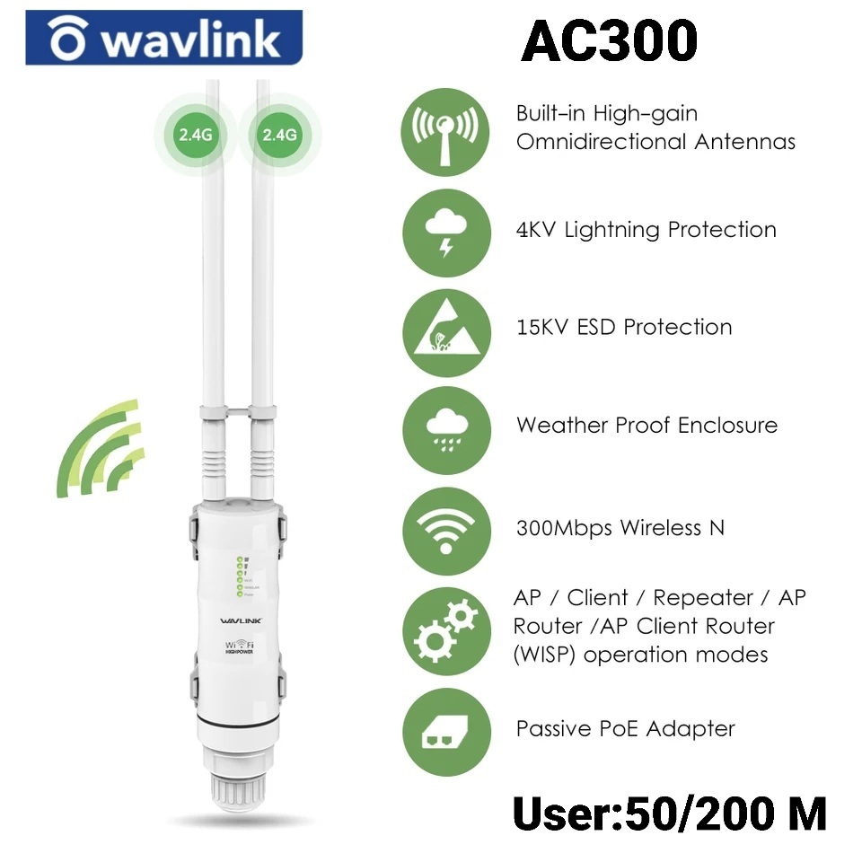 รายละเอียดเพิ่มเติมเกี่ยวกับ 🔥ลดล้างโกดัง พร้อมส่งจาก กทม🔥 ตัวกระจายสัญญาณwifi รุ่นประหยัด ของแท้100% อุปกรณ์ขยายสัญญาณ Wi-Fi สัญญาณกลางแจ้ง  Wavlink รุ่น AC300 Wavlink 300M/S2.4G 27dB.