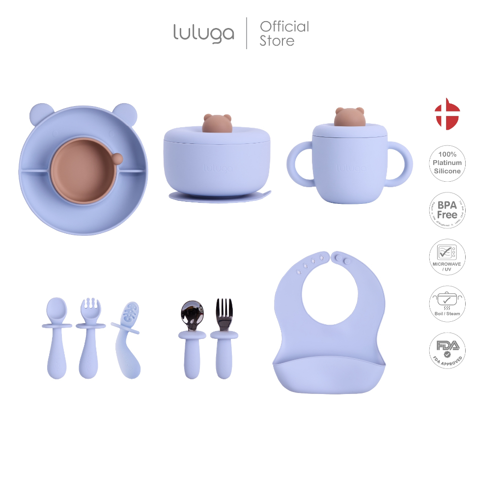 Luluga Set 6 Pieces, Model Bear, Children's Silicone Bowl, Children's Silicone Plate, Platinum Silicone Drinking Cup for Children 6 Months+, Blw ราคา 2,017 บาท*ส่งฟรี