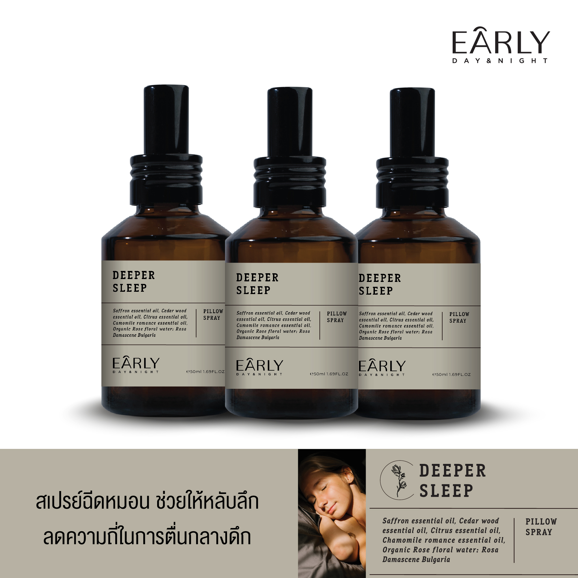 [3 ขวด] Early Day & Night Deeper Sleep Pillow Spray 50 ml. สเปรย์ฉีดหมอน ช่วยให้หลับลึก หลับสบาย ลดความถี่ในการตื่นกลางดึก ราคา 1,500 บาท*ส่งฟรี