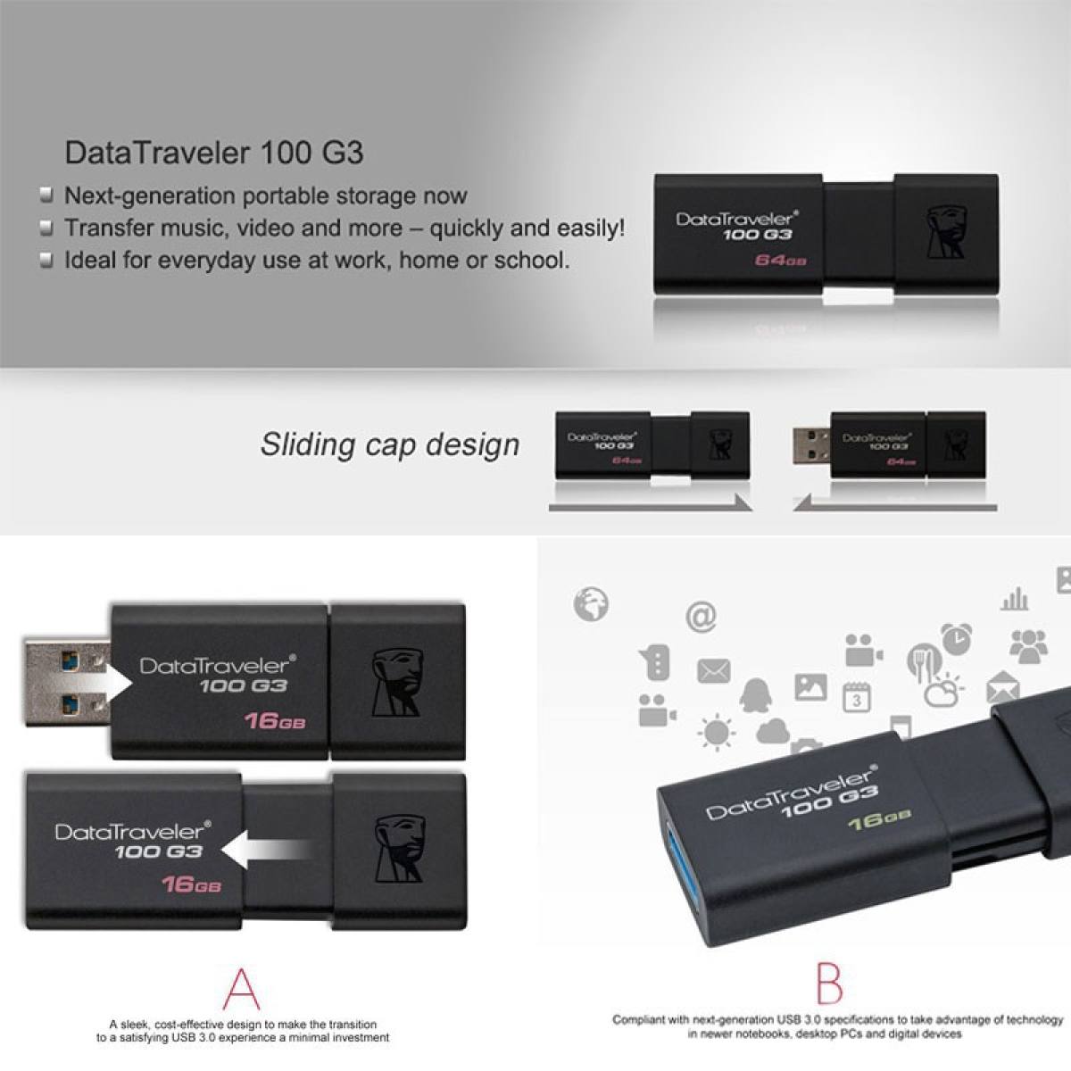 ภาพประกอบของ ลองราคาเยอะพิเศษKingston 64GB DataTraveler 100G3 Flash Drive USB 3.1 ความเร็วสูงสุด 100 MB/s