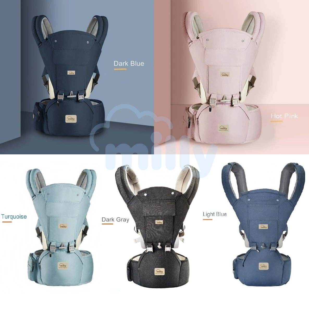 Milly เป้อุ้มเด็ก ผ้าคอตตอน100% เกรดพรีเมี่ยม แถมฟรี* ผ้าซับน้ำลาย 3 ชิ้น + หมวกกันแดด Baby Hip Seat carrier ราคา 790 บาท*ส่งฟรี