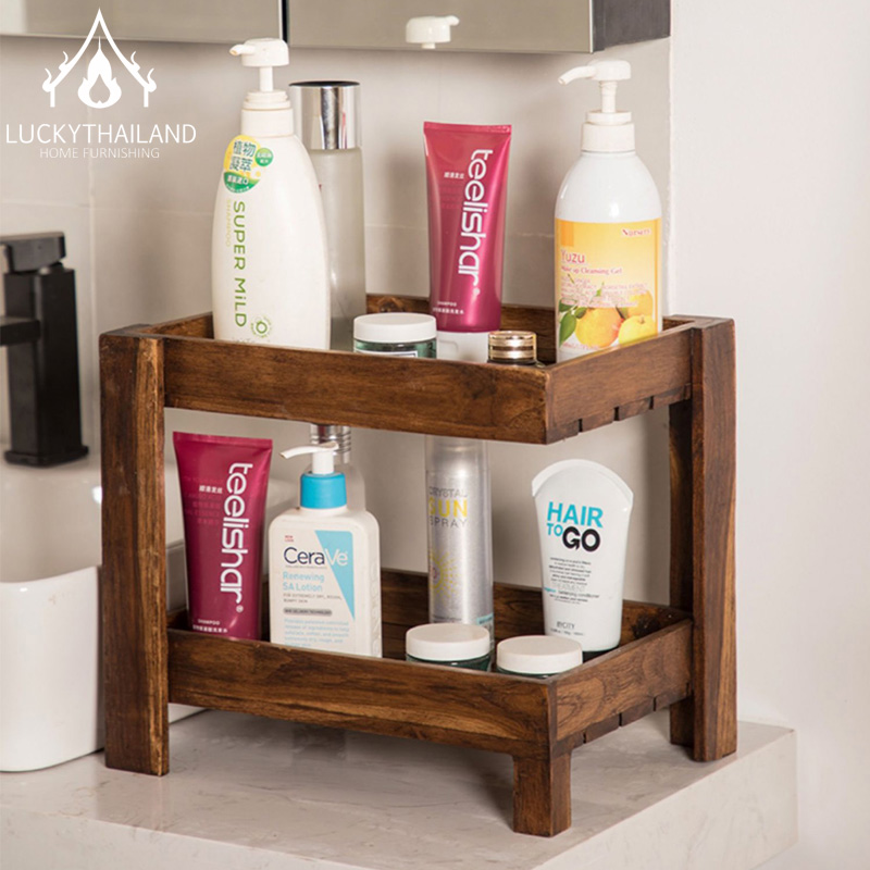 ชั้นวางของไม้สัก ชั้นวางของแบบสองชั้นเล็ก วางของในห้องน้ำ ใส่แชมพู ครีมอาบน้ำ สีโอ๊คเห็นลายไม้ วางสบู่ ตกแต่งมุมบ้าน LuckyThailand ราคา 999 บาท*ส่งฟรี