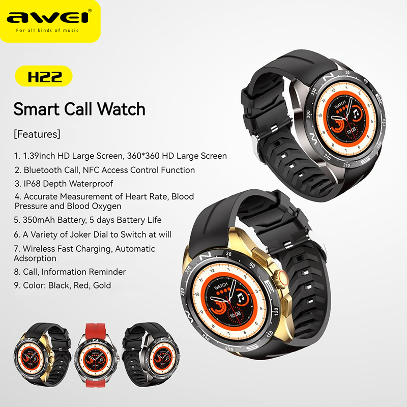 Awei H22 Bluetooth Call Smart Watch IP68 Waterproof 1.82 inch Heart Rate Blood Pressure Monitoring Smartwatch with Gravity Sensor women Men Smart watch Box ราคา 1,439 บาท*ส่งฟรี