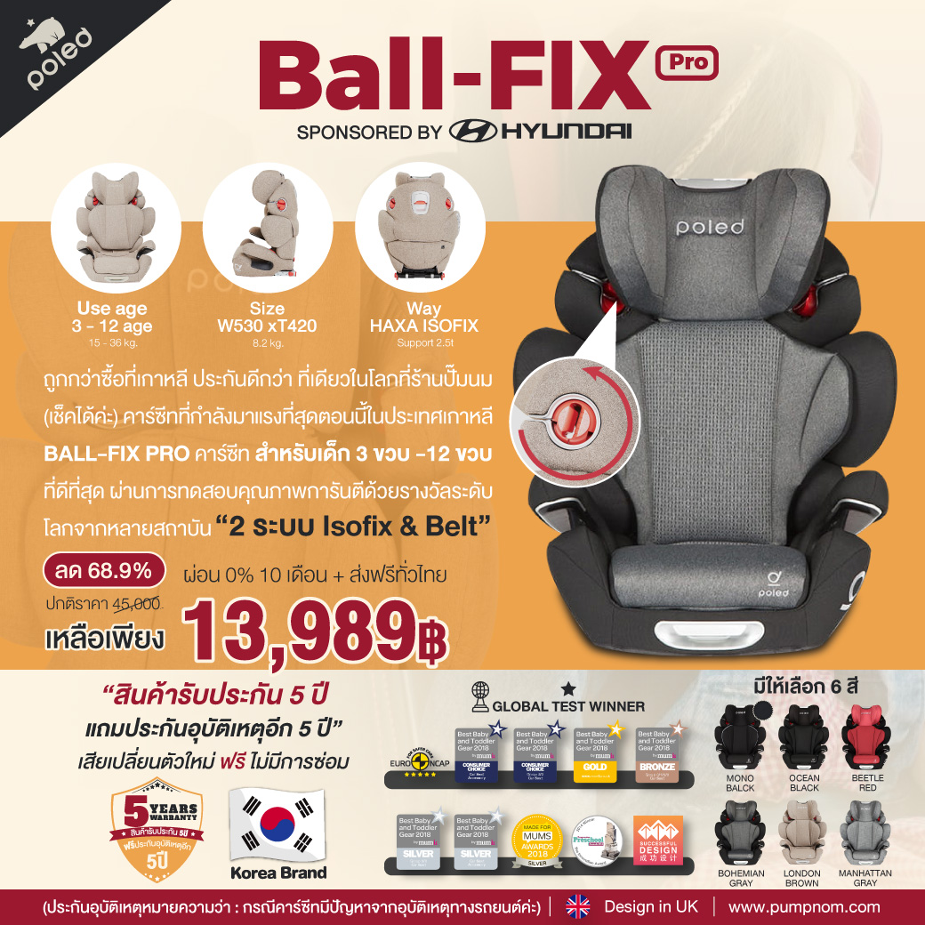 บิ๊กดีล [ลด68.9%] POLED คาร์ซีทจากประเทศเกาหลี 3ปี-12ปี ประกัน5ปี เสียเปลี่ยนตัวใหม่ รุ่น BALL-FIX PRO ดีที่สุดในโลก ราคา 12,585 บาท*ส่งฟรี