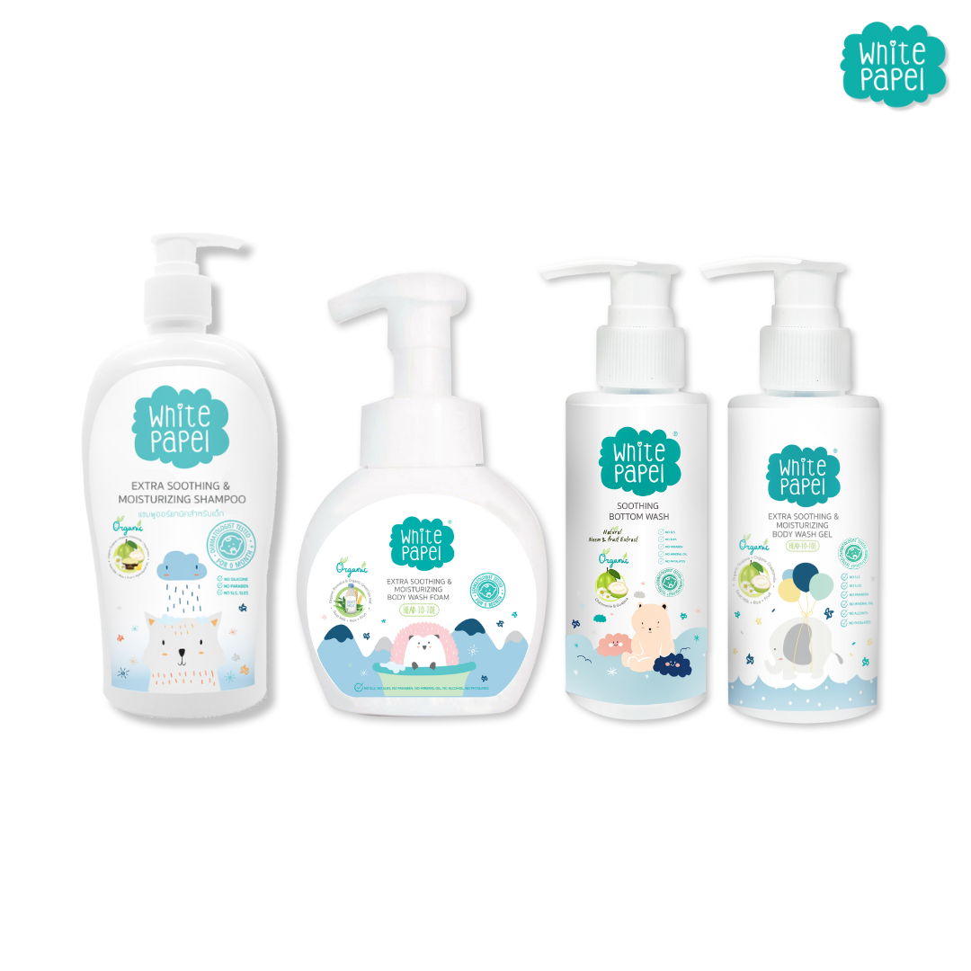 White Papel Set for Baby Cleaning, Shower Gel, Bath Foam, Organic Shampoo, Butt Cleansing Gel. ราคา 2,380 บาท*ส่งฟรี