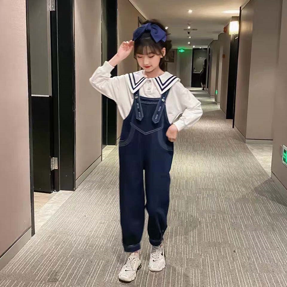 Spring Autumn 2 Colors Full Sleeve Turn-down Collar Shirt And Overalls  Pants 2Pieces Baby Girls Clothing Set For Age 3 -14Years