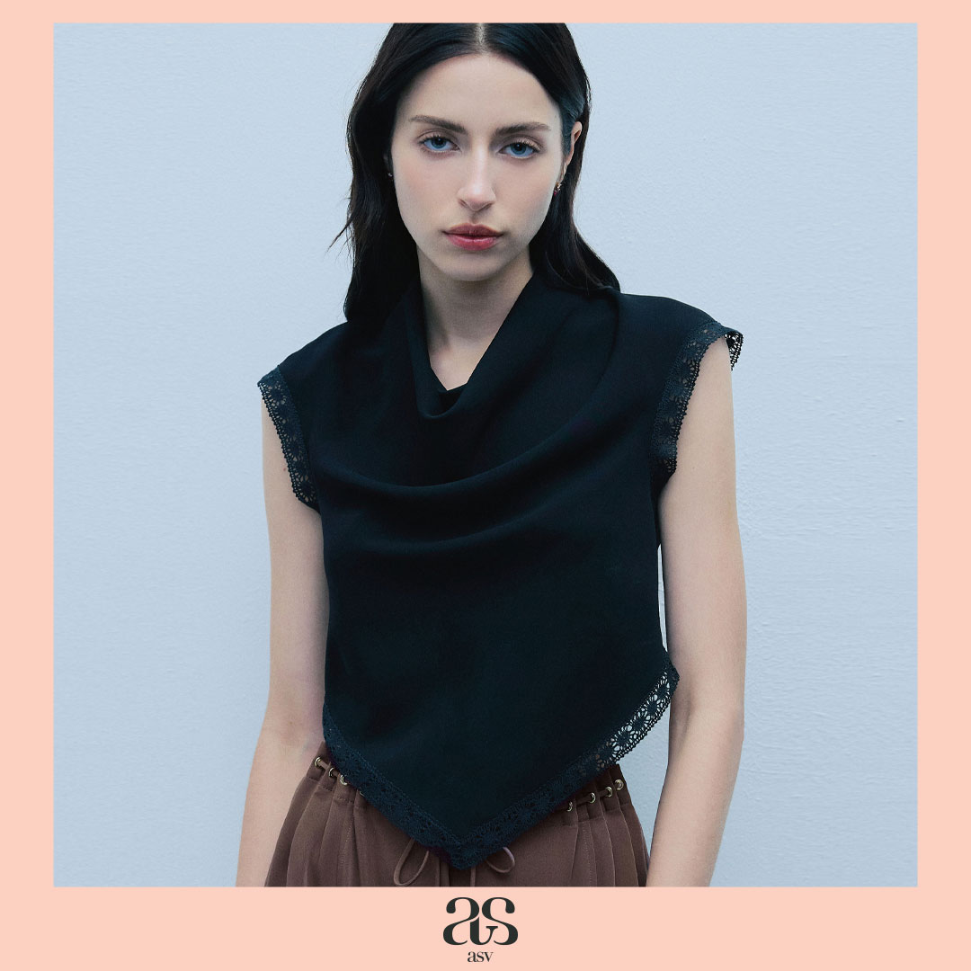 [Asv Rs26] Texas Handkerchief Blouse, Women's Shirt, Cropped Style, Long Sleeves, Draped Collar, Bow Tie at the Back. Handkerchief Hem, Decorated with Lace, Back Zipper. ราคา 3,696 บาท*ส่งฟรี