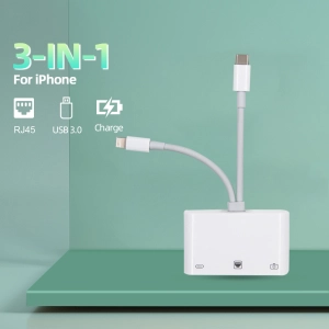 สินค้า 3IN1 USB Type C+Lightning To Ethernet USB OTG อะแดปเตอร์/สาย LAN 10/100Mbps สำหรับ iPhone/iPad Flash Drive/Google Pixel Samsung OPPO XIAOMI H รับประกัน1ปี