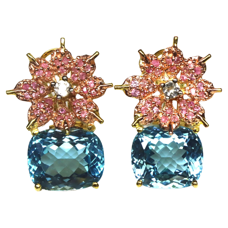 925 Sterling Silver Earrings with Swiss Blue Topaz, Flower Design, Decorated with Sapphire and White Zircon, Luxurious, Cushion-Shaped (91.83 Carats). ราคา 18,000 บาท*ส่งฟรี
